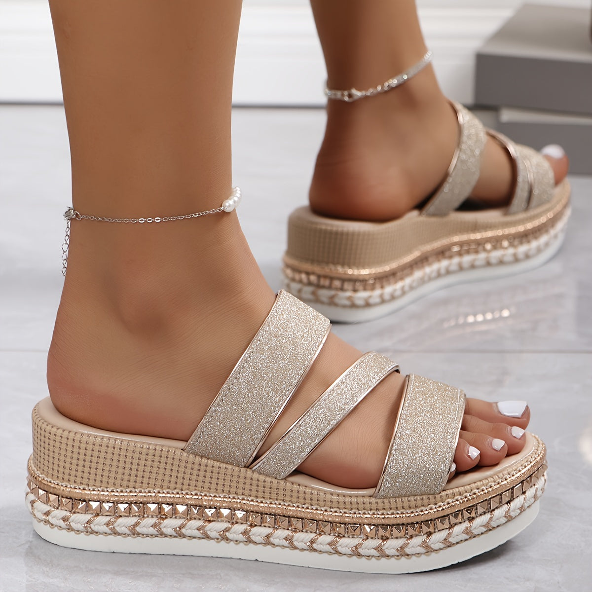 Shimmering Platform Sandals - Open-Toe Design