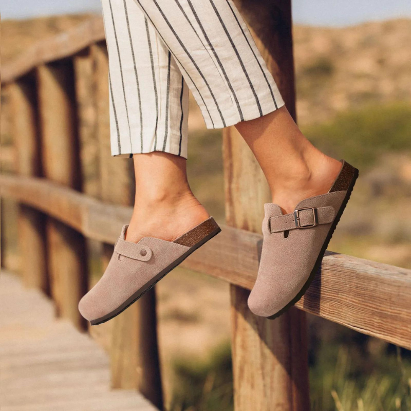 Women's Suede Open-Back Mules with Cork Footbed & Adjustable Strap-82019-22472d16-f284-436a-a71b-a53772cb4742