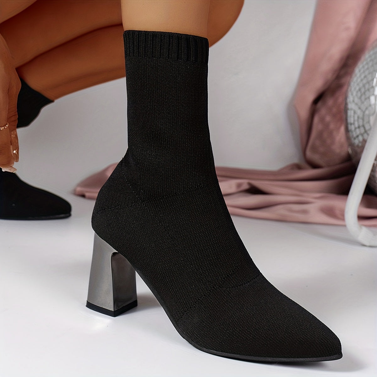 Knit Ankle Boots with Geometric Heel