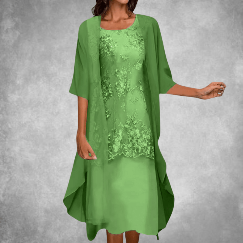 Lace Overlay Dress - Short Sleeve, Modest Fit