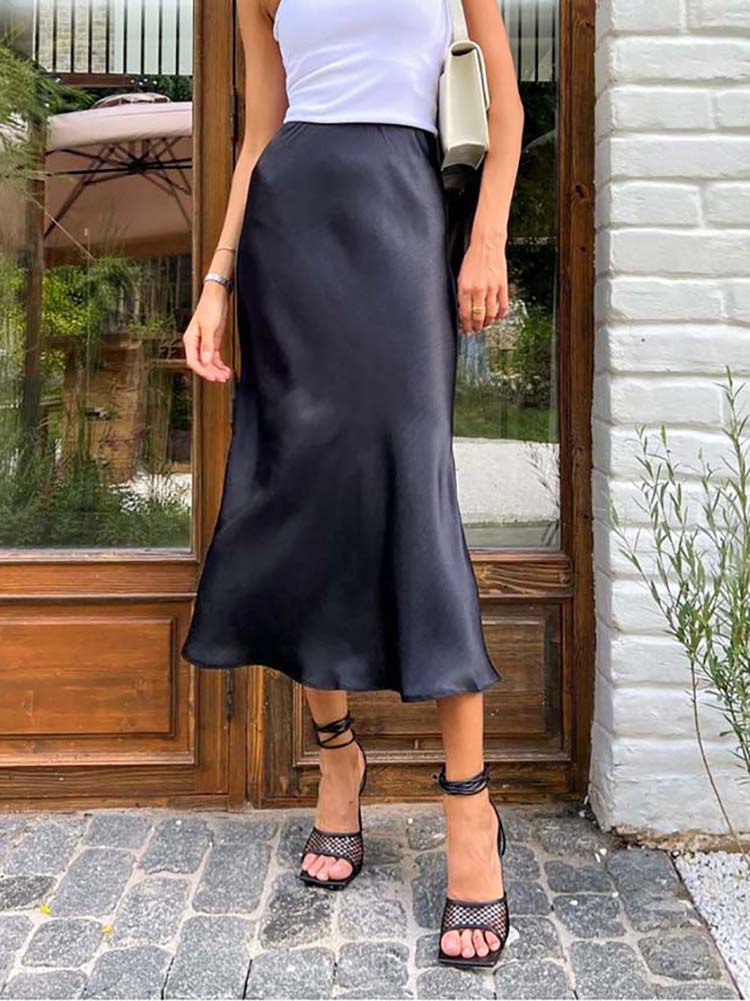 Silky A-Line Midi Skirt - High Waist