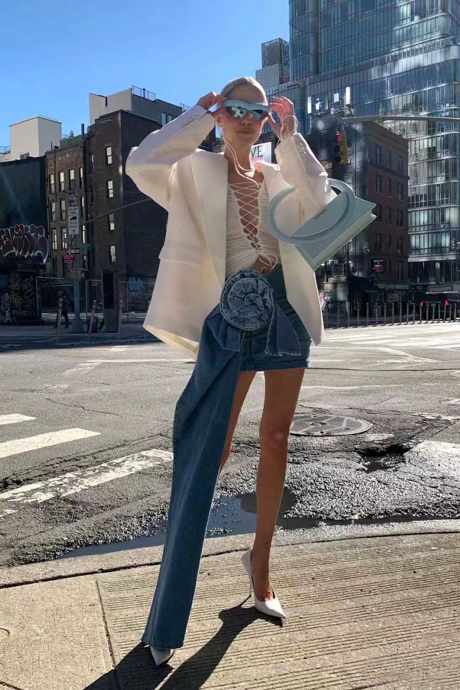 Denim Flower Mini Skirt - Asymmetrical Design