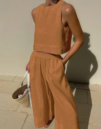 Sleeveless Crop Top with Wide-Leg Pants