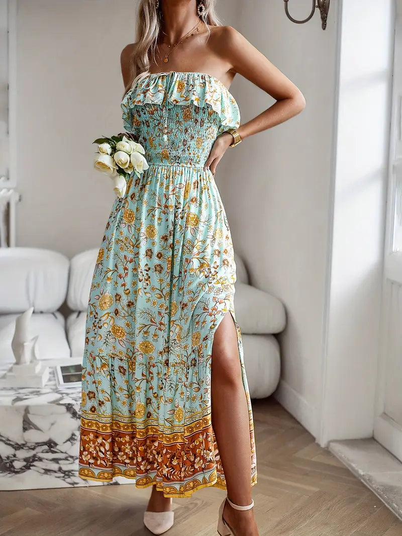Floral Print Midi Dress - Strapless with Slit