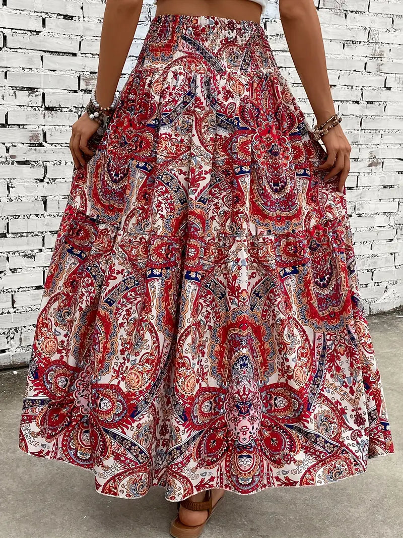 Bohemian Patterned A-Line Midi Skirt