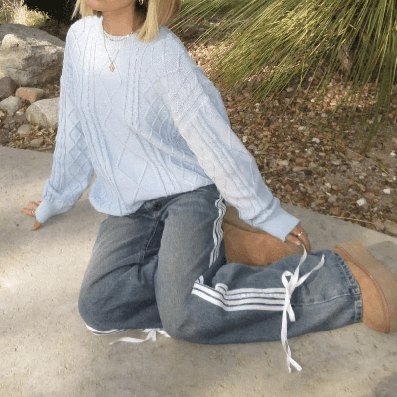 Wide-Leg Jeans – High Waist, Cable Knit Stripe