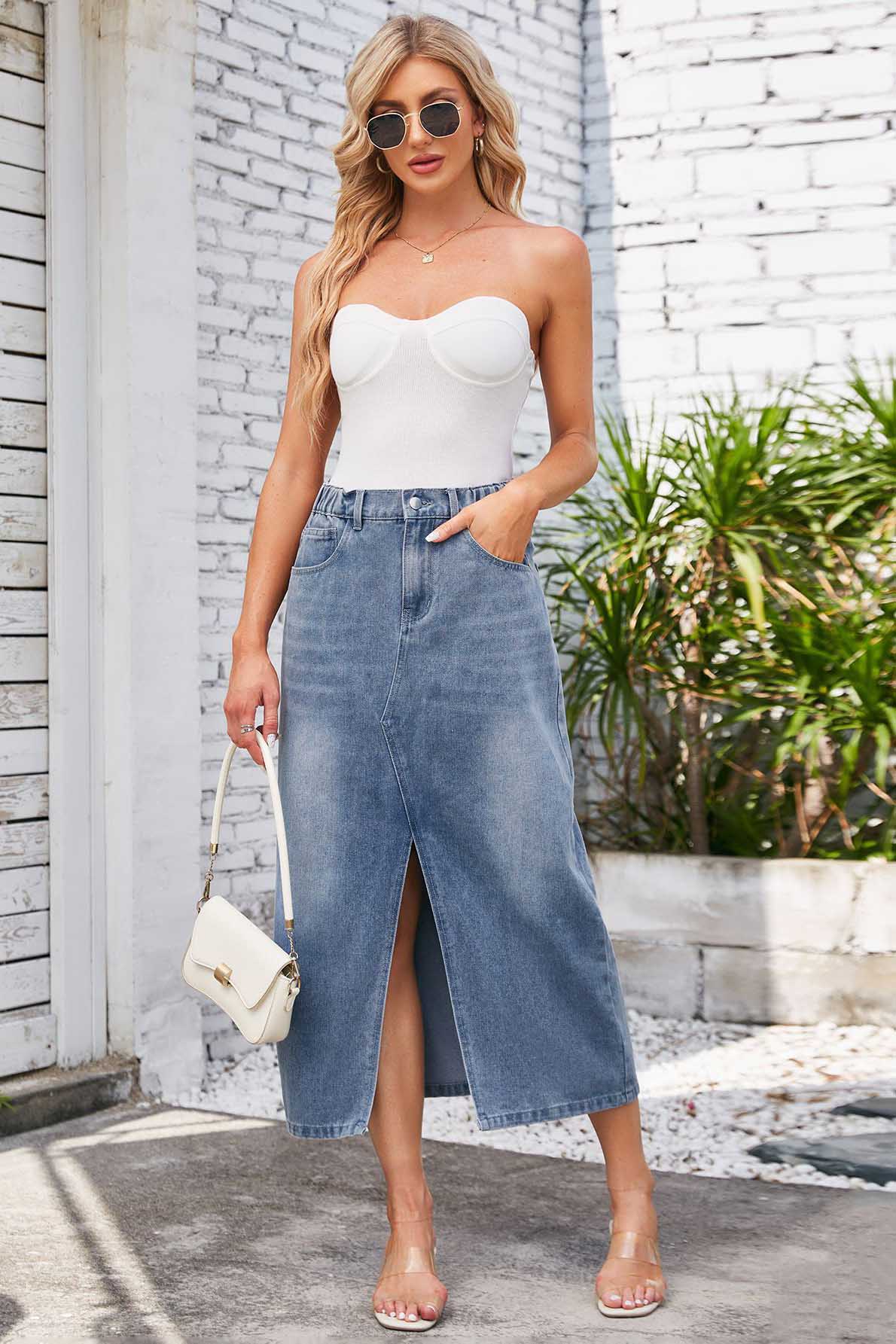 Denim Midi Skirt - Front Slit, High-Waisted
