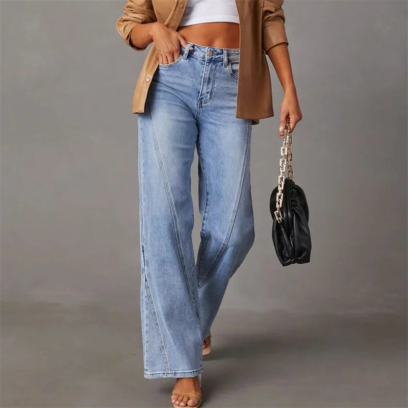 High-Waisted Wide Leg Jeans - Light Wash Denim