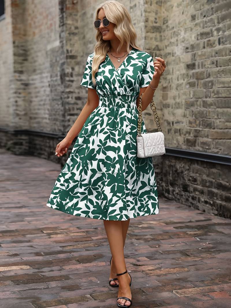 Floral Midi Dress - V-Neck & Elastic Waist