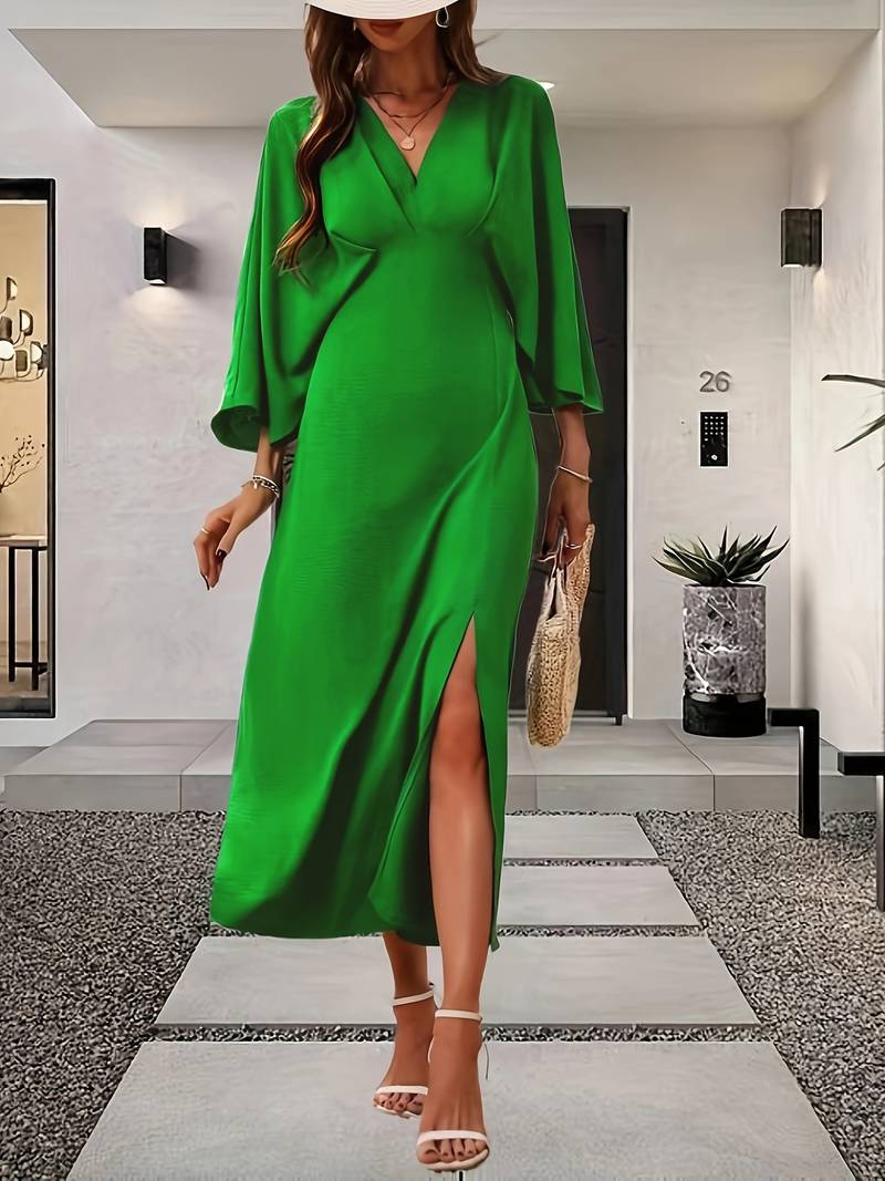 Bell Sleeve Dress - V-Neck Midi with Slit