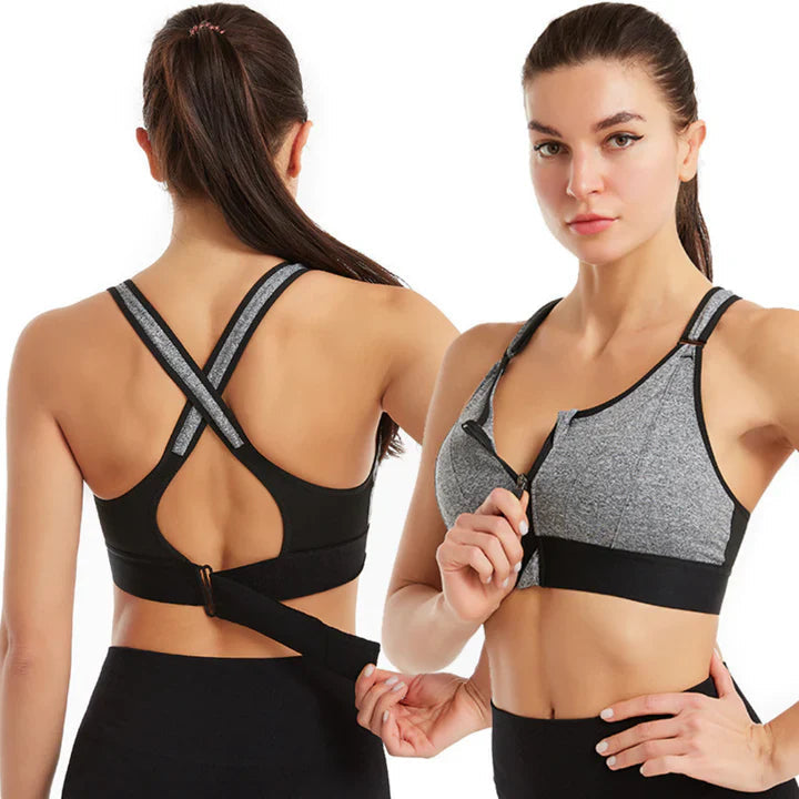Zip Front Sports Bra - Crisscross Back, Moisture-Wicking
