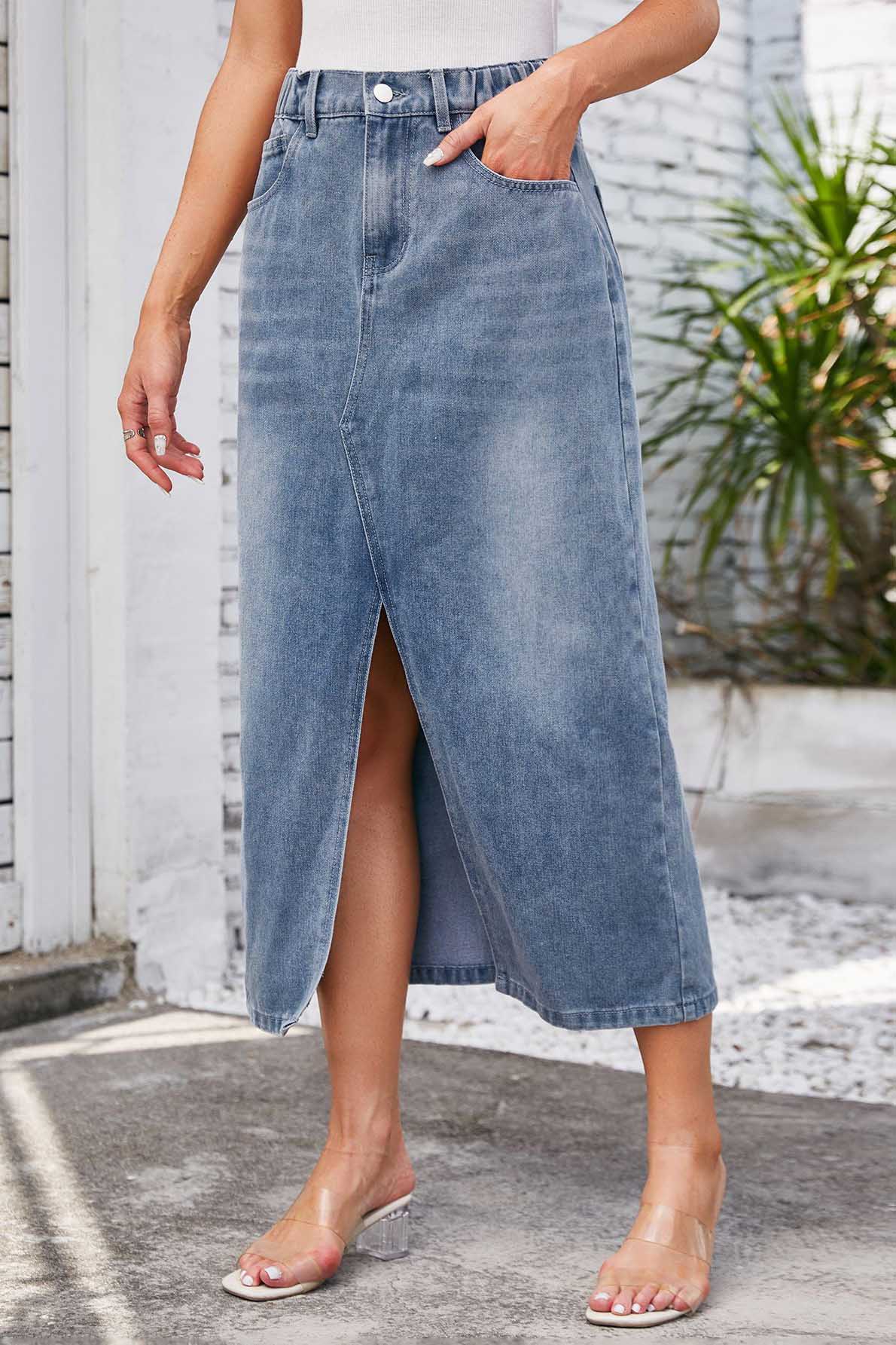 Denim Midi Skirt - Front Slit, High-Waisted
