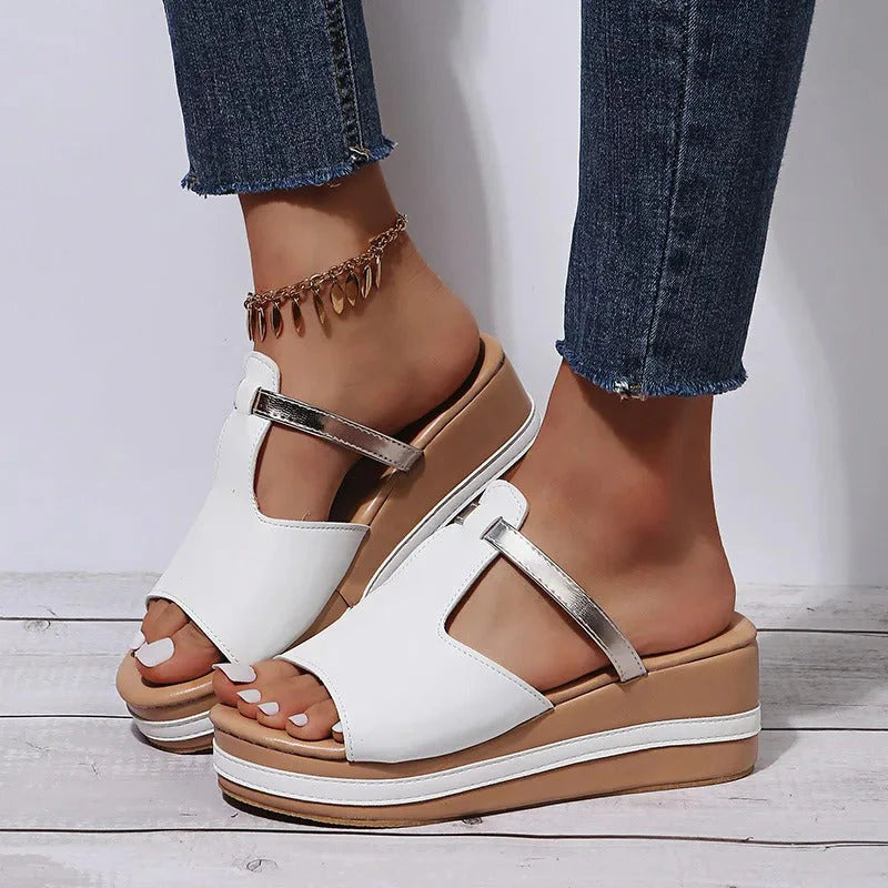 Platform Sandals - T-Strap, Metallic Detail