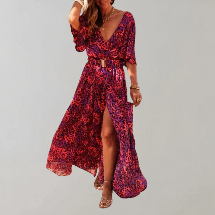 V-Neck Maxi Dress – High Slit, Cinched Waist