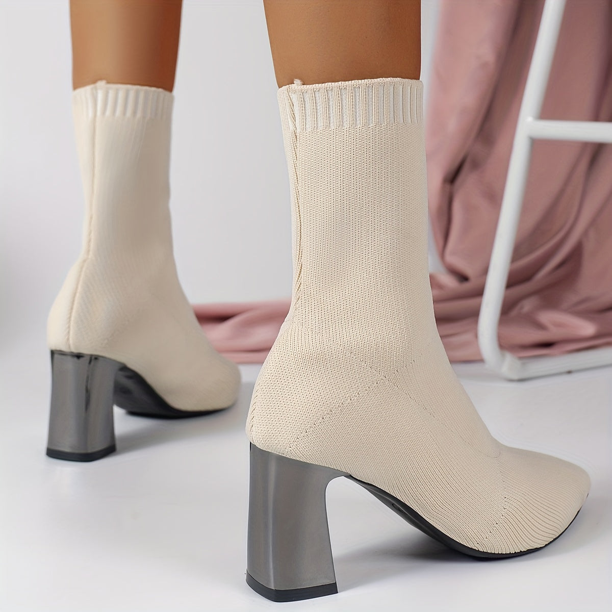 Knit Ankle Boots with Geometric Heel
