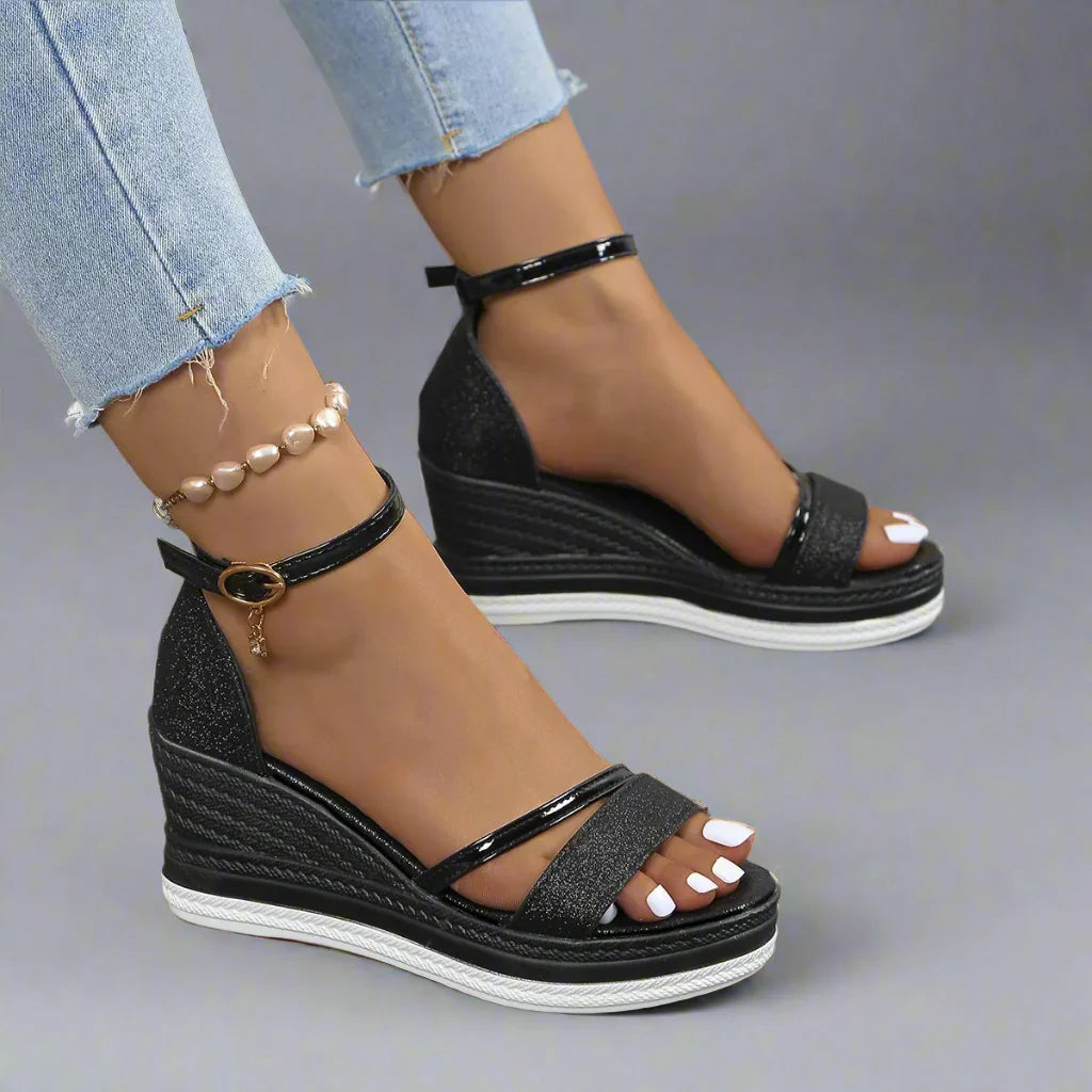 Women's Glitter Wedge Sandals with Platform Sole & Adjustable Ankle Strap - Comfortable Open Toe Footwear for Glamorous Occasions-83231-2e616a90-3f48-4943-851e-944afcab44a3
