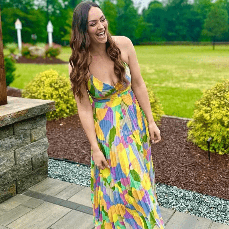 Pleated Midi Dress - Sweetheart Neckline - Multi