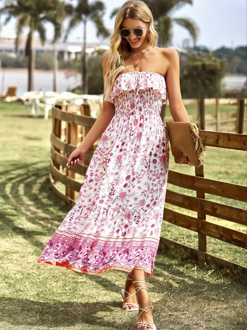Floral Print Midi Dress - Strapless with Slit