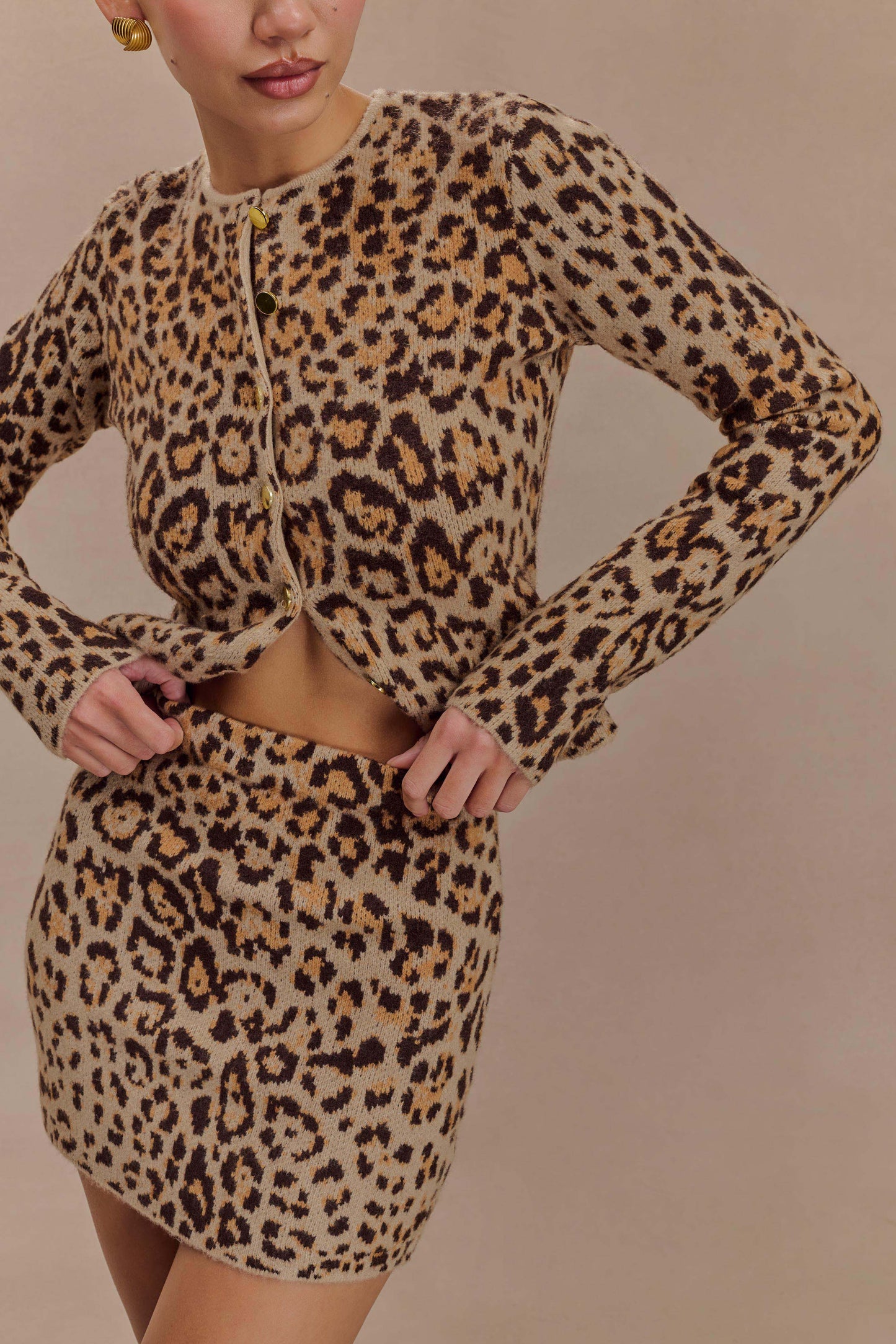 Leopard Knit Mini Skirt Set - Gold Buttons