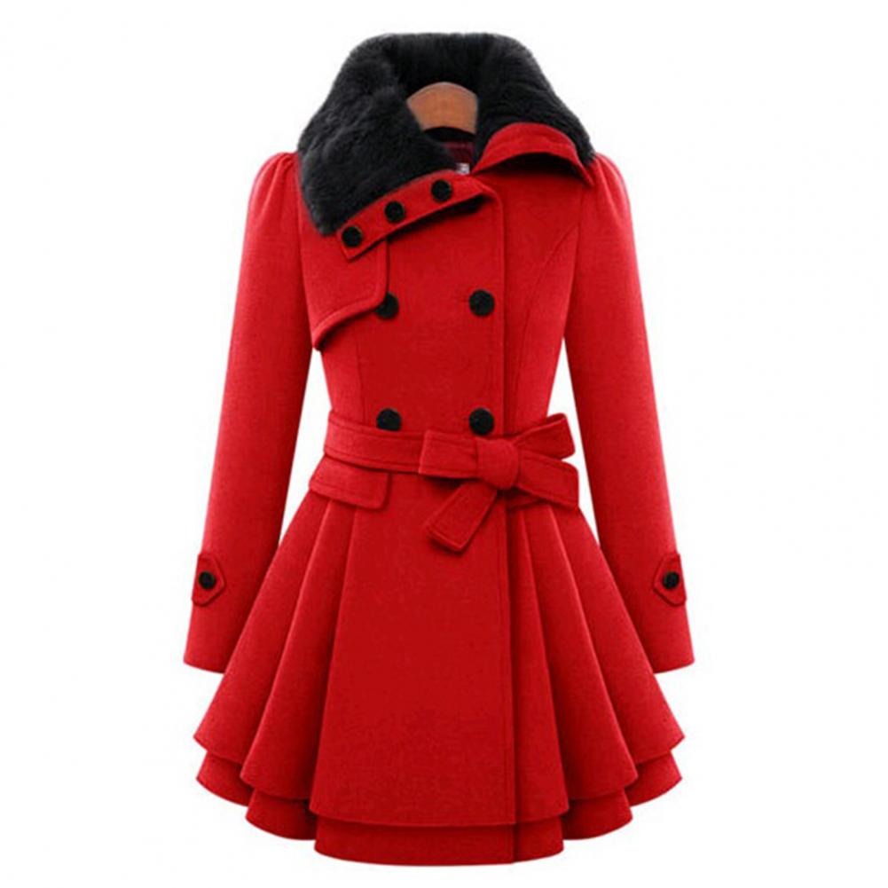 Women's Double-Breasted Winter Coat – Faux Fur Collar, Flared Skirt, Waist Belt Detail-82347-308009fd-ca1f-4787-8ddf-947150d692c4