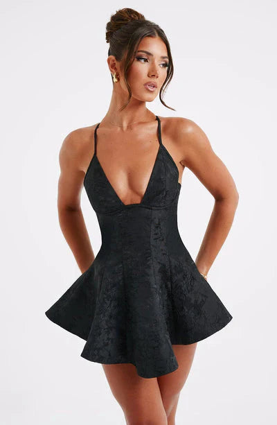 Spaghetti Strap Skater Dress - Deep V-Neck Flared