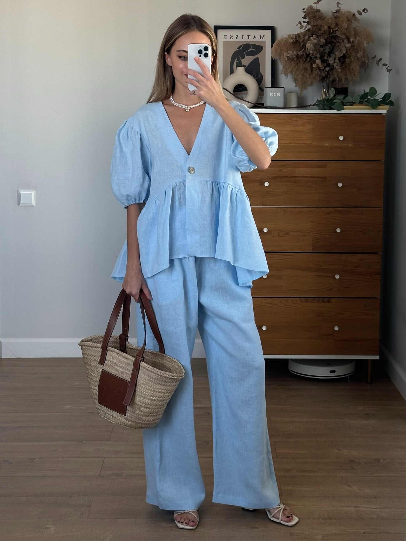 Basicfold Women's Linen Two-Piece Outfit – V-Neck Puff Sleeve Top & Wide-Leg Pants Set-83274-350be112-09bf-4698-93ad-a45ce3b240ee