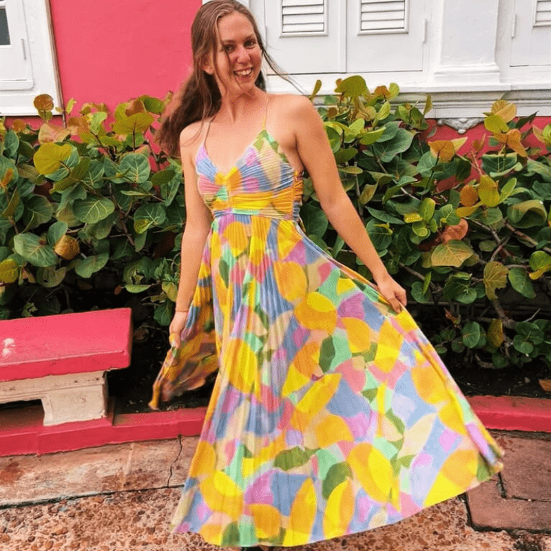 Pleated Midi Dress - Sweetheart Neckline - Multi