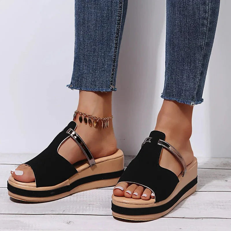 Platform Sandals - T-Strap, Metallic Detail