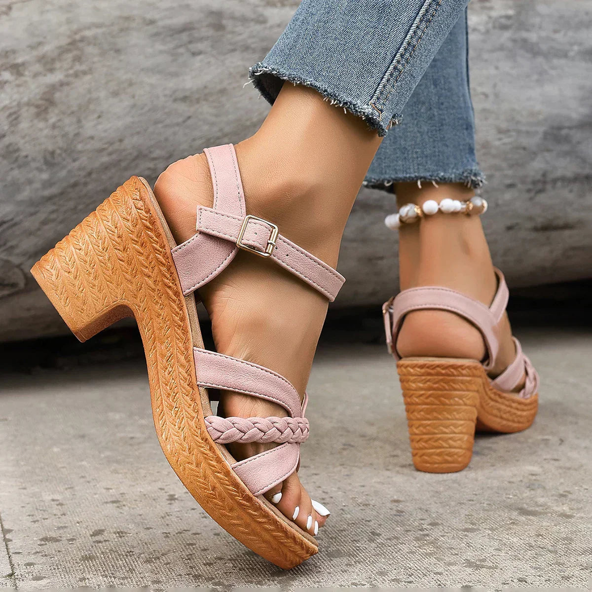 Woven Platform Sandals - Wedge Heel, Ankle Strap