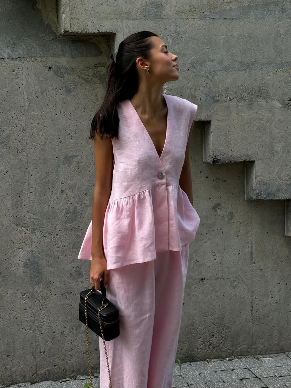 Basicfold Women's Linen Two-Piece Set – Sleeveless V-Neck Top & Wide-Leg Pants-83272-3a951ff5-e144-4189-8b3b-dc87d849c333