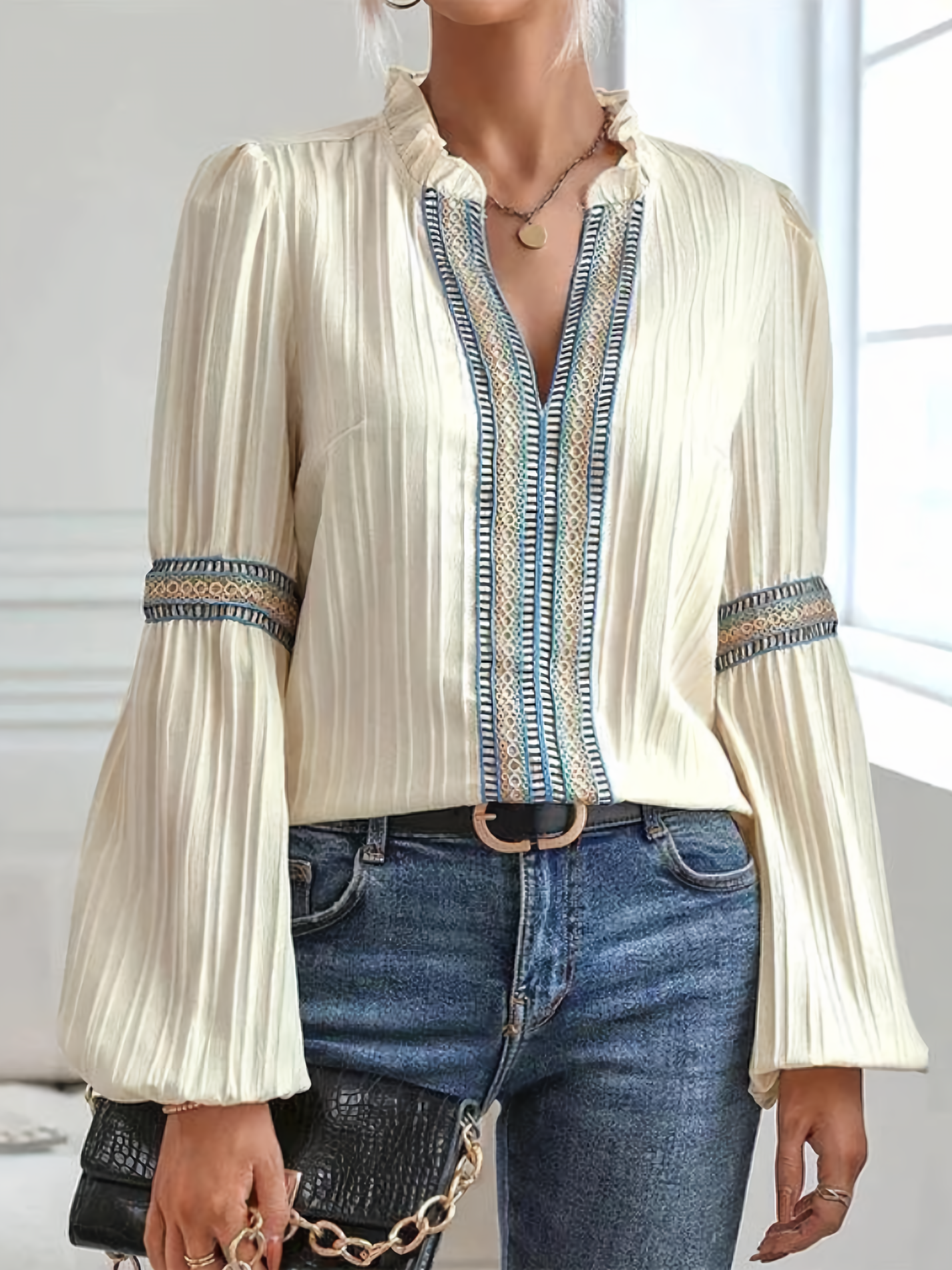 Embroidered V-Neck Blouse - Pleated Texture