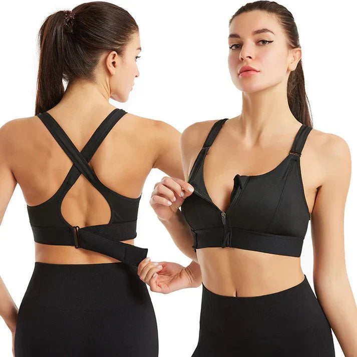 Zip Front Sports Bra - Crisscross Back, Moisture-Wicking