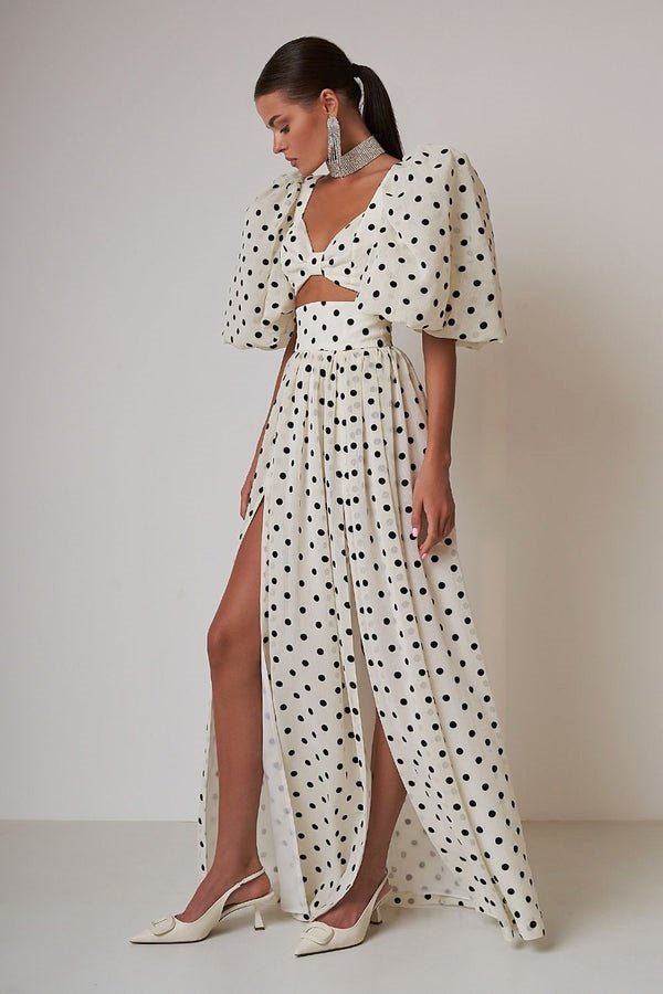 Polka Dot Two-Piece Dress with High Slit