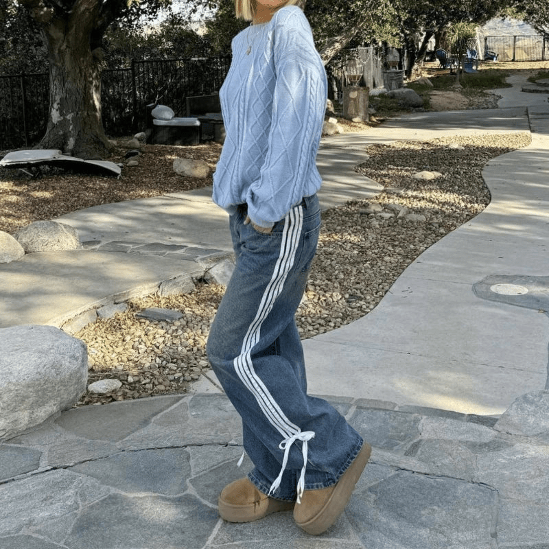 Wide-Leg Jeans – High Waist, Cable Knit Stripe