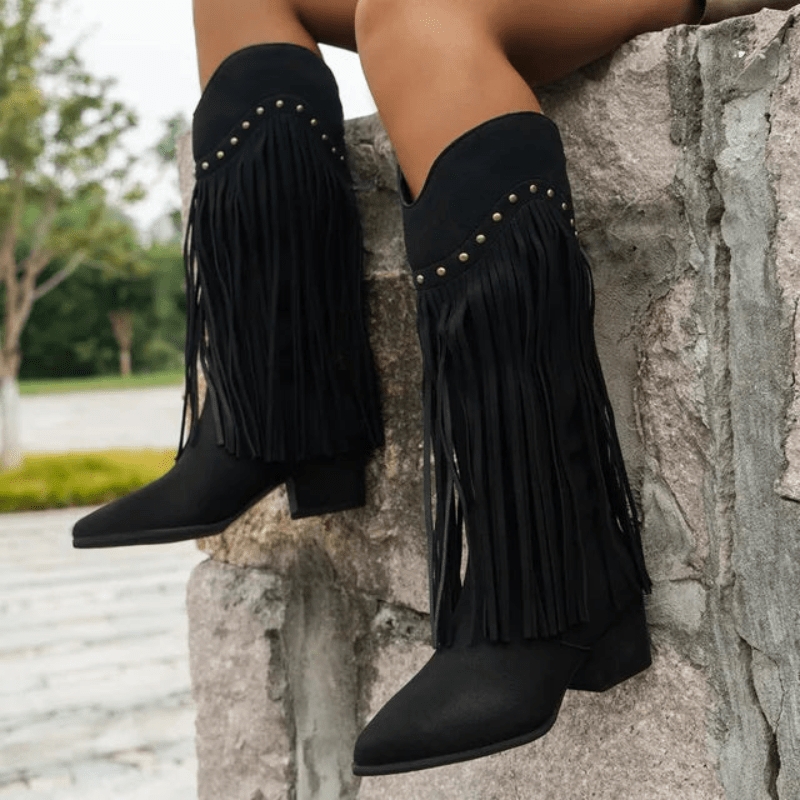 Knee-High Boots - Suede Fringe & Stud Detail