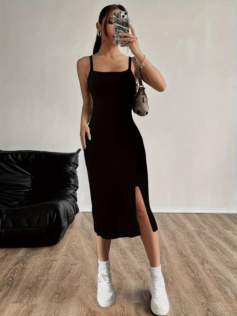 Black Midi Dress - Adjustable Straps, Side Slit