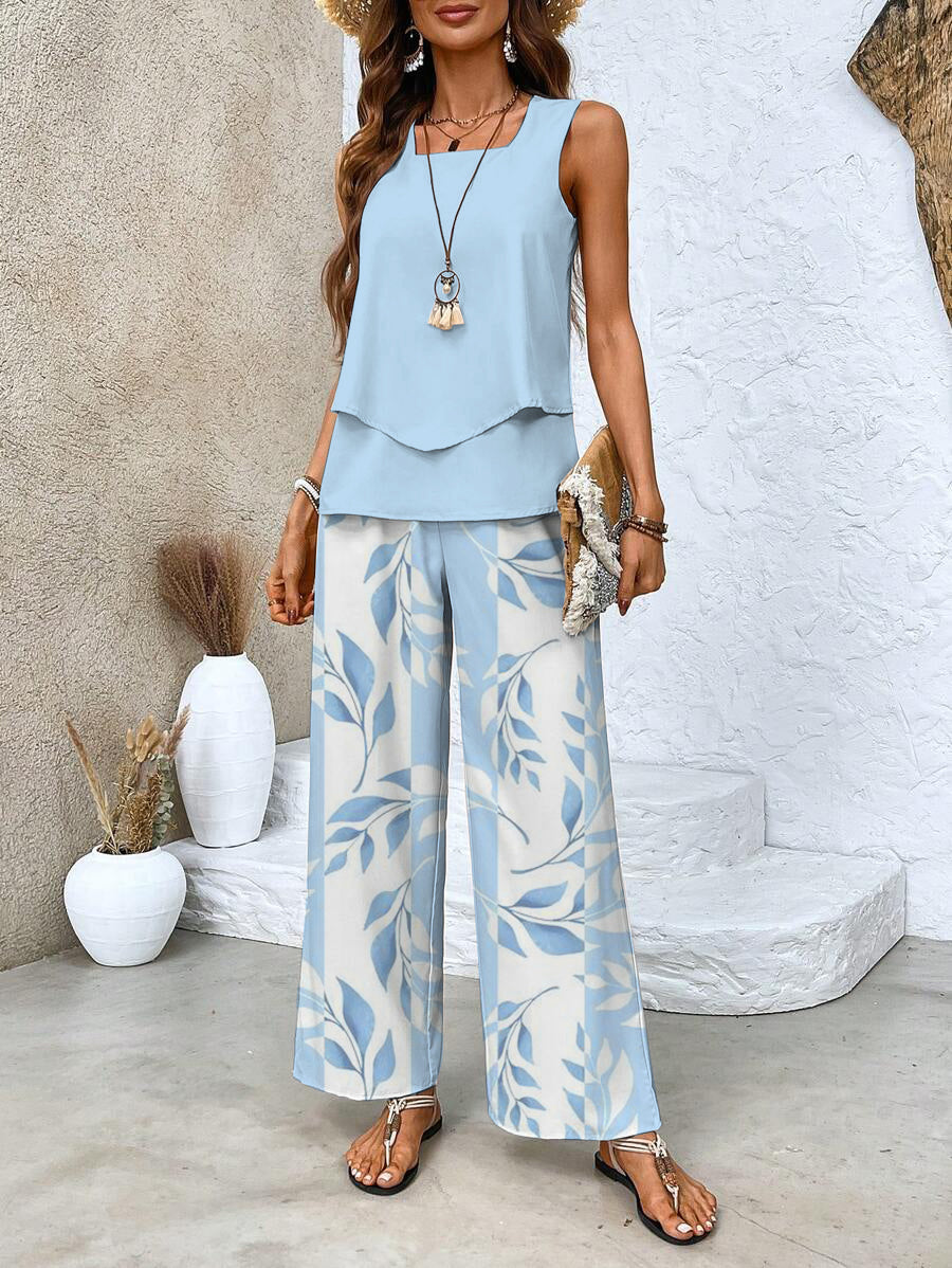 Patterned Two-Piece Set - Wide-Leg Pants