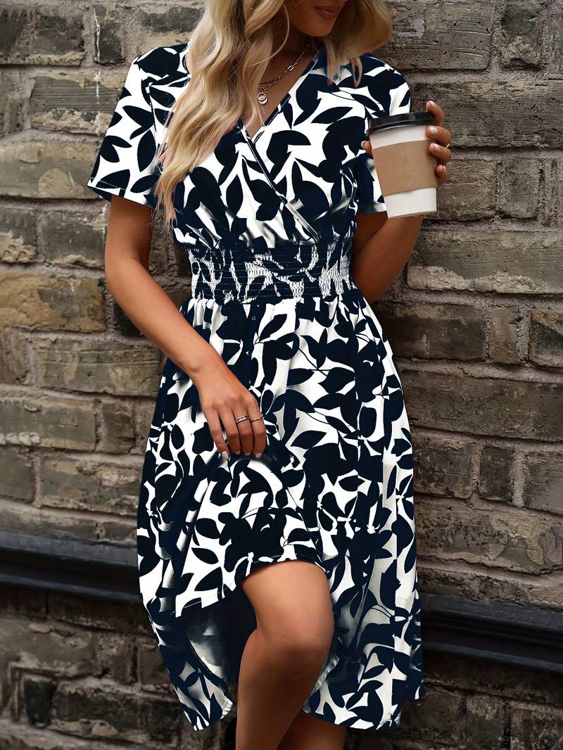 Floral Midi Dress - V-Neck & Elastic Waist