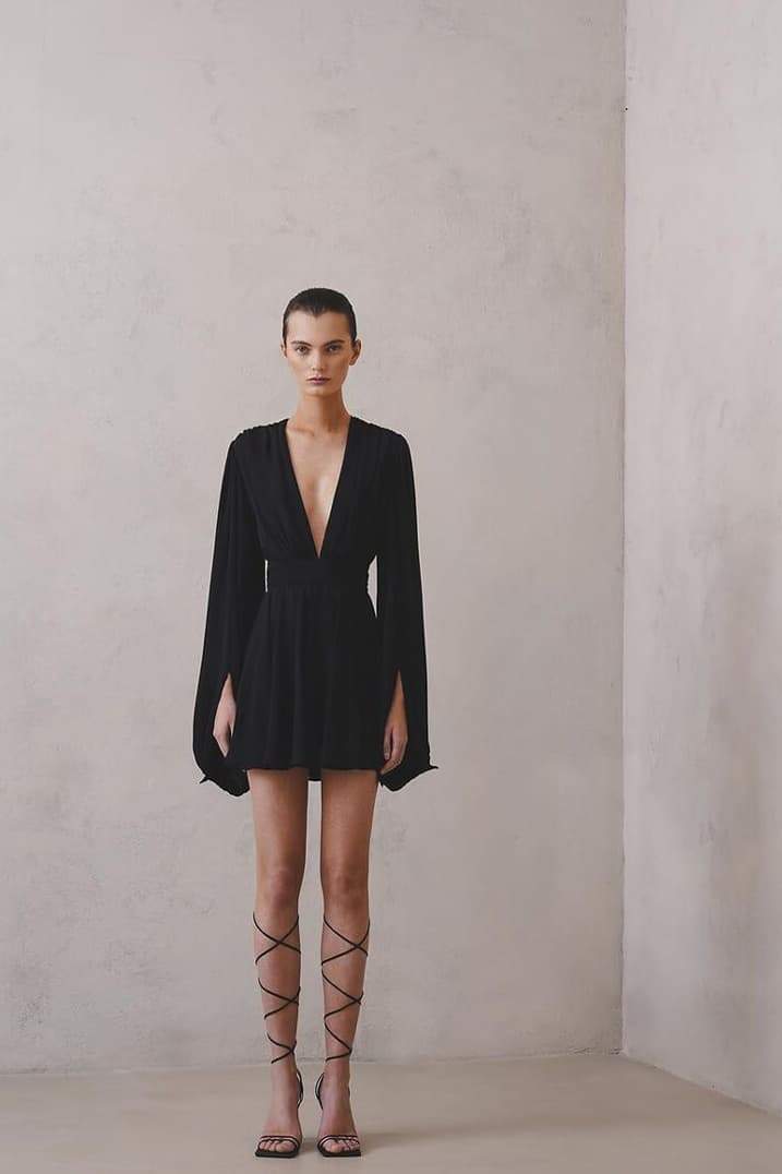 A-Line Party Dress - Plunging V-Neck, Balloon Sleeves