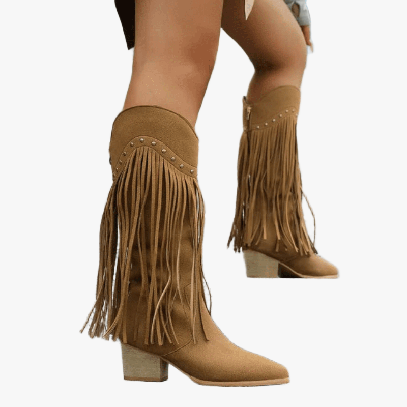 Knee-High Boots - Suede Fringe & Stud Detail