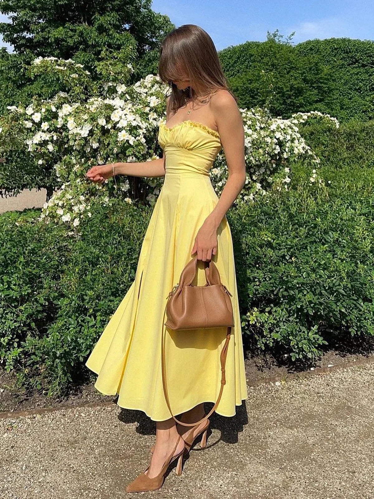 Strapless A-Line Dress - Ruffled Yellow Dress