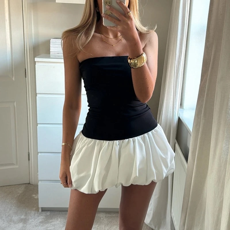 Bubble Skirt Mini Dress - Strapless Silhouette