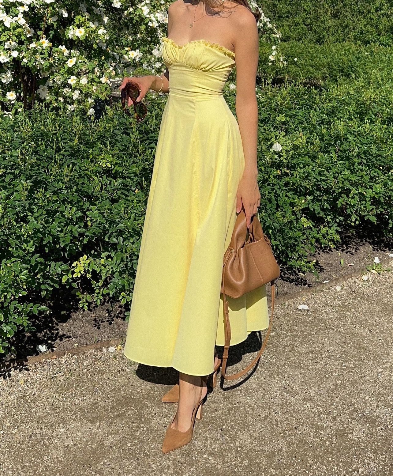 Strapless A-Line Dress - Ruffled Yellow Dress