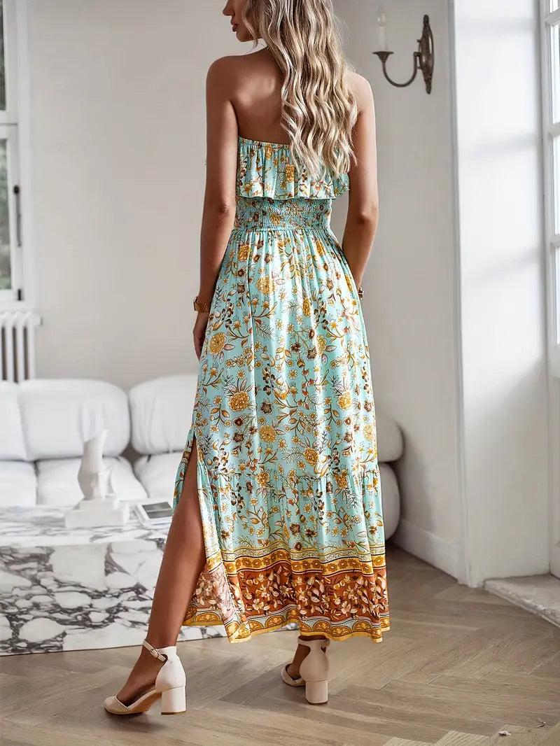 Floral Print Midi Dress - Strapless with Slit