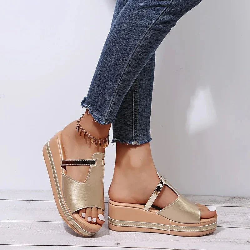 Platform Sandals - T-Strap, Metallic Detail