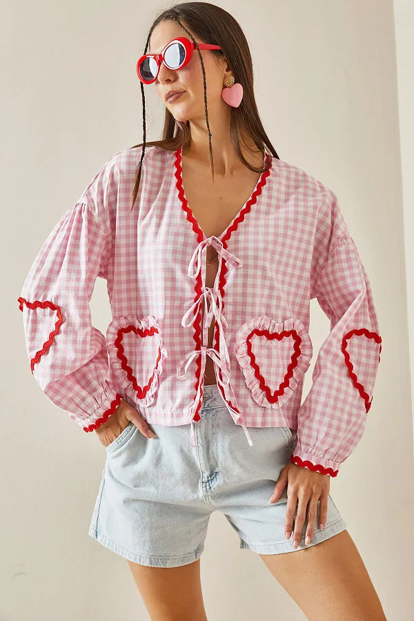 Women's Gingham Blouse – Heart-Shaped Pockets, Red Trim, Tie-Front, Long Sleeve-83307-46b921e5-1973-4a0a-80f1-5af596246534