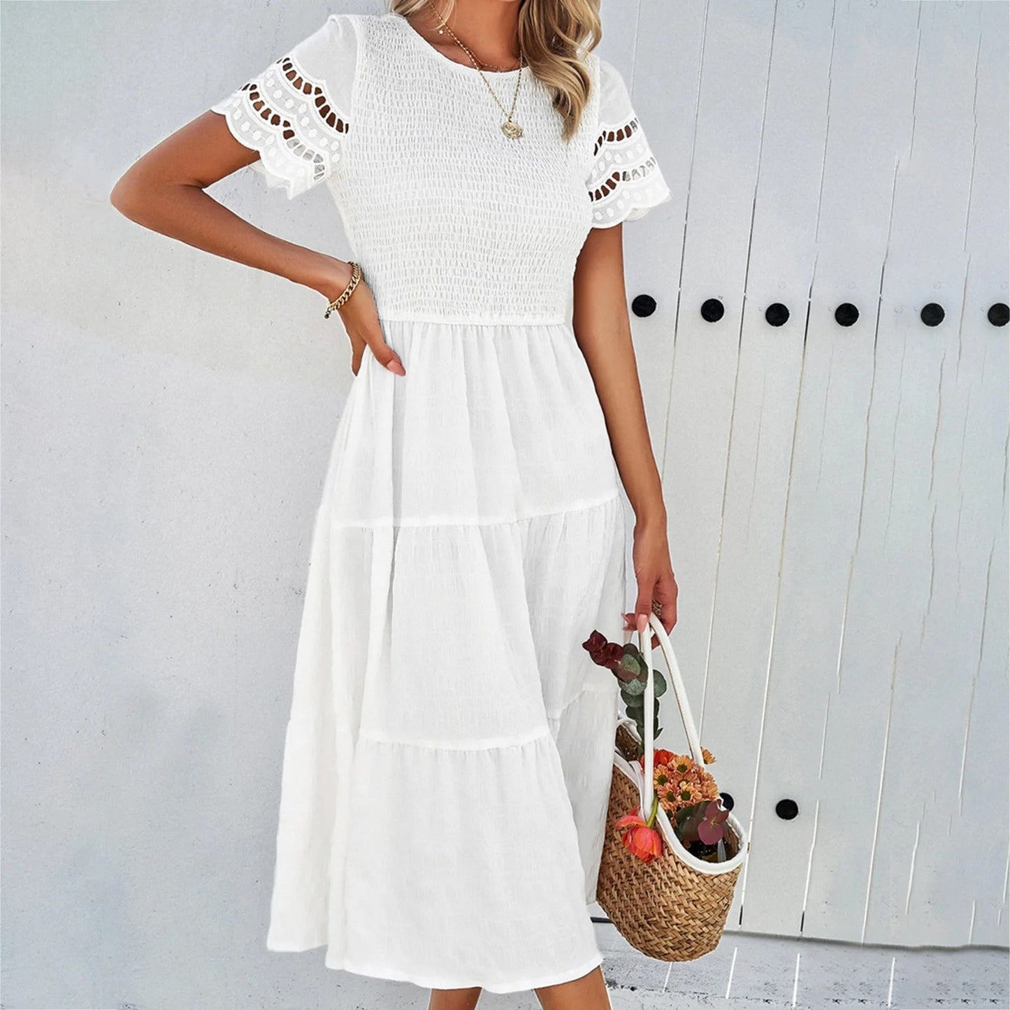 Women's Eyelet Smocked Tiered Mini Dress - Casual Summer Style-81836-487c610b-e723-442a-a6d8-31e4c1787577