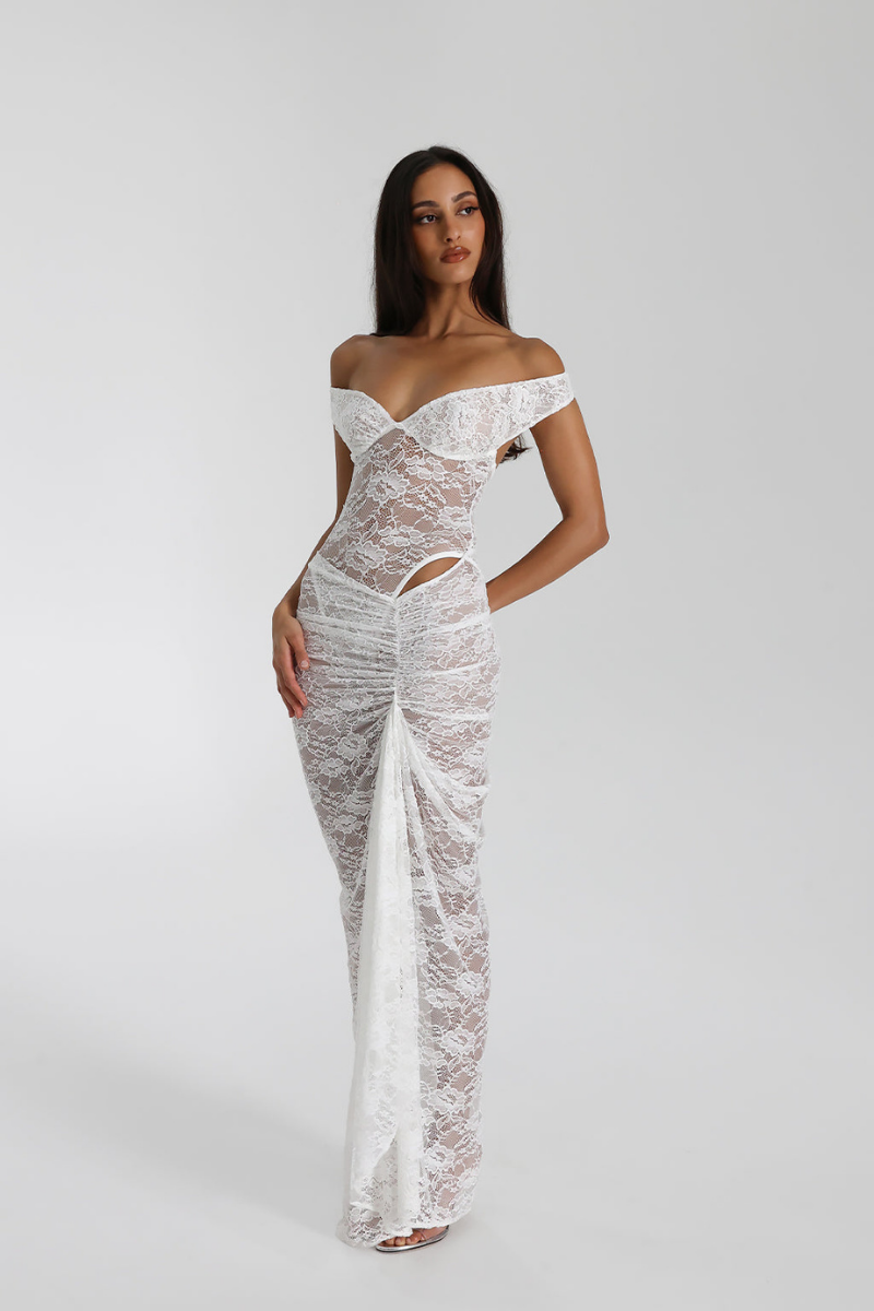 Lace Off-Shoulder Gown - Asymmetrical Hem