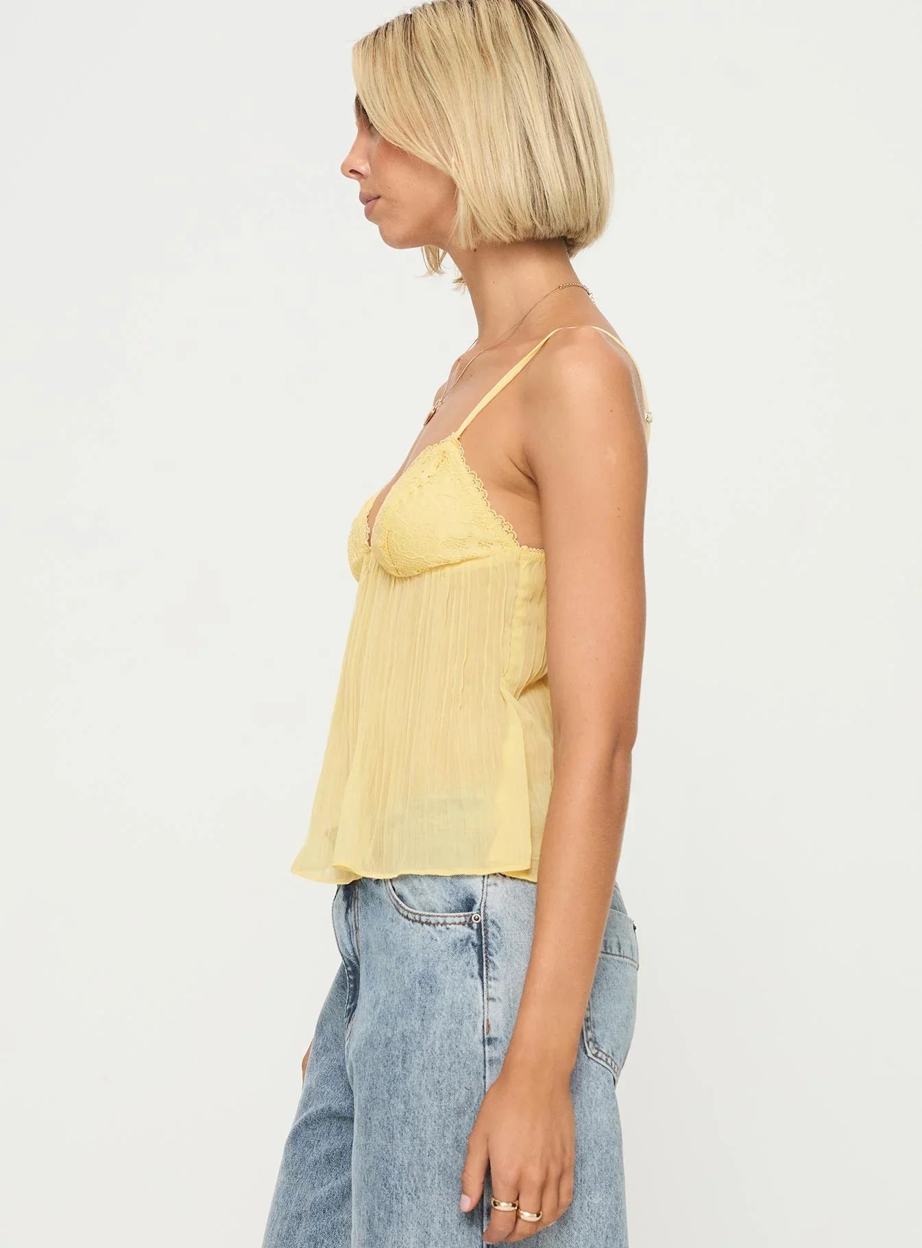 Women's Yellow Cami Top – Delicate Lace Detail, Pleated Fabric-83482-493a017f-316c-456d-9f65-407fbdde1834