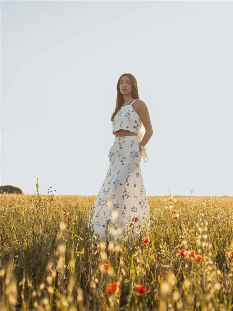 Floral Two-Piece Outfit - Tie-Front Crop Top